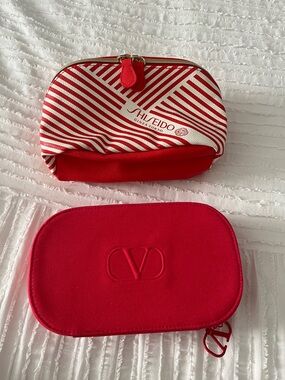 Shiseido Red and White Striped Cosmetic Pouch and Valentino cosmetic pouch
